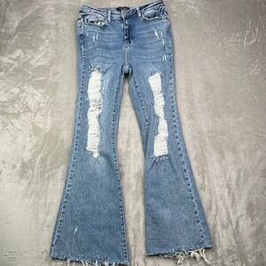 Judy Blue Flare Fit Jeans Womens 9/29 Blue Distressed Stretch‎ Raw Hem Denim